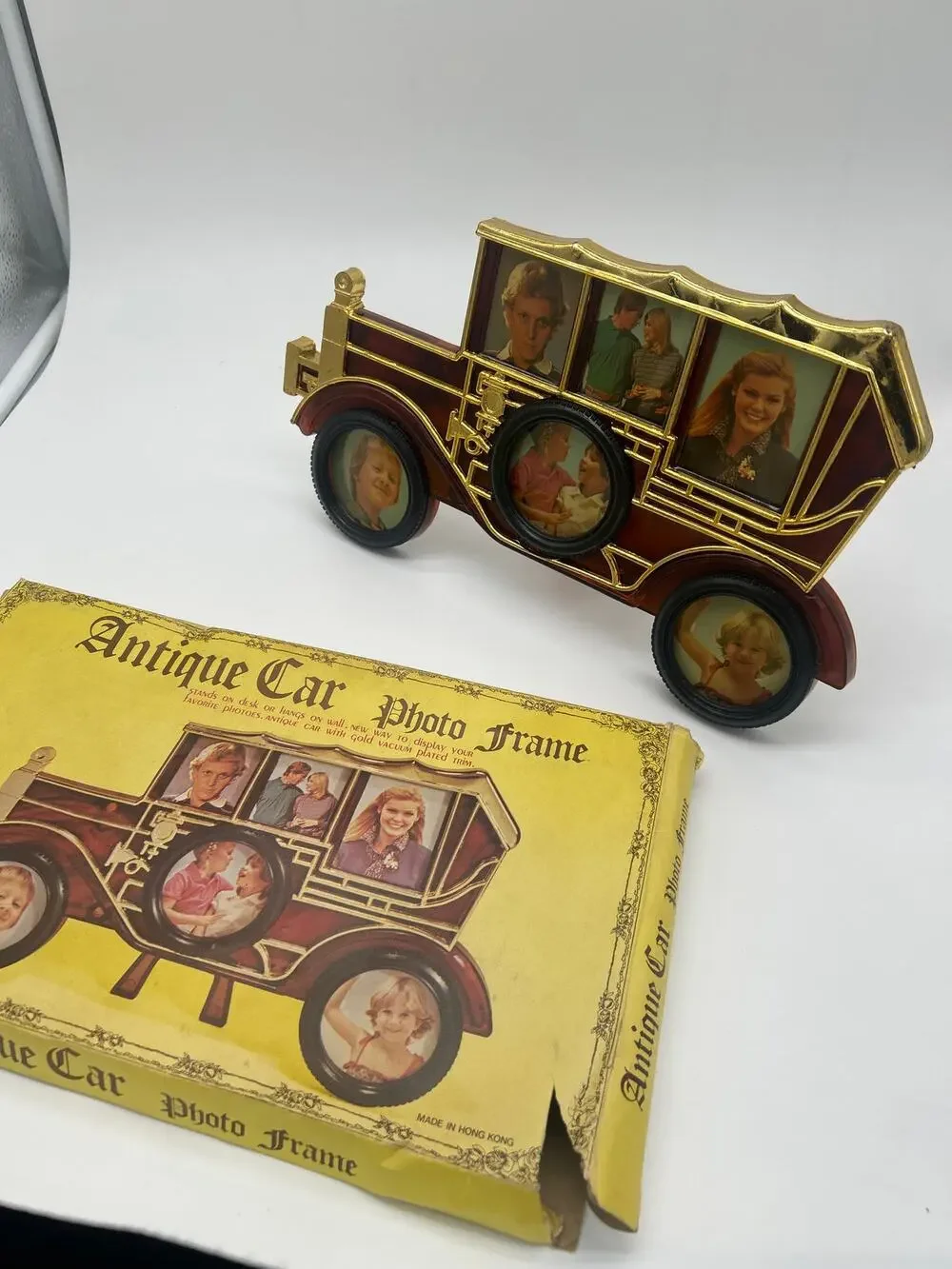 Vintage Antique Car Photo Frame 6 Opening Gold Tone Hong Kong w/ Original Box
